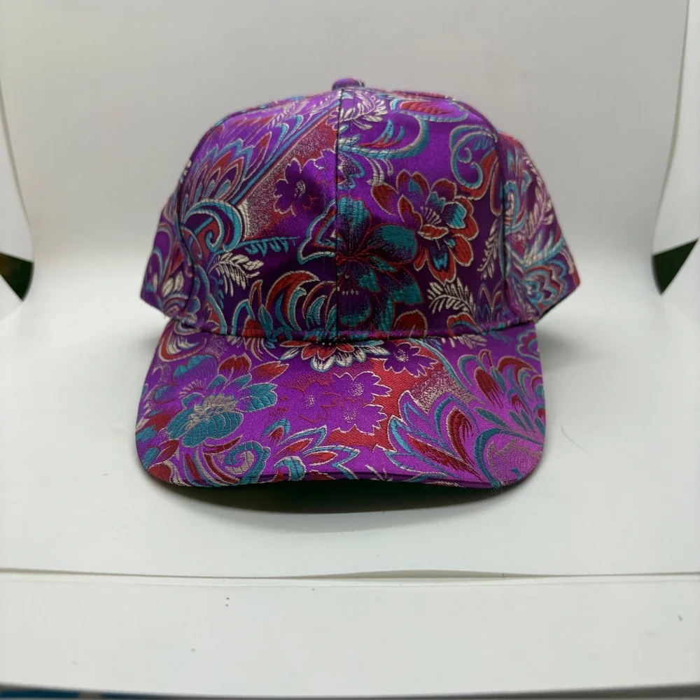 Purple Floral Brocade Baseball Cap Metallic Satin Adjustable Strap Hat